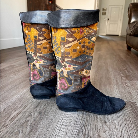 Stuart Weitzman Black Suede with Aztec pattern Mid-calf Boots - Picture 1 of 8